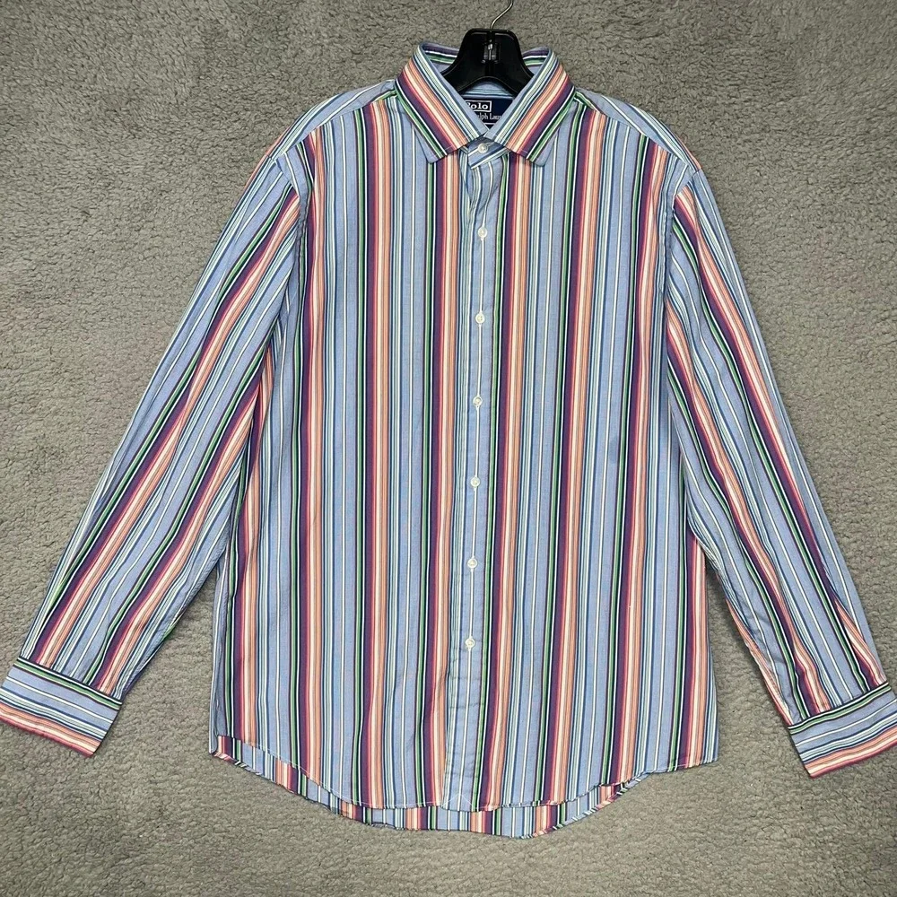 VTG Polo Ralph Lauren Shirt Men's 16 (34/35) Striped Regent Custom Fit Button Up